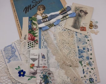 Kit de Slow stitching "I love Paris" , pack bleu tissus et dentelles francaises vintage, pack junkjournal  Pack d'embellissement