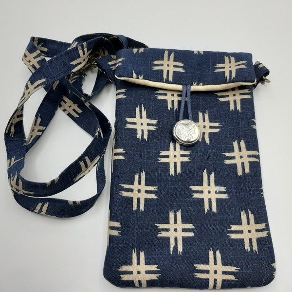 Pochette bandoulière bleue geometrique,  pour smarphone et iphone , lunettes, cartes