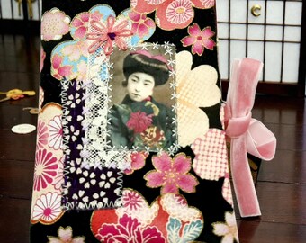 Pink floral Japanese fabric tea bag with geisha design (for tea bags or herbal tea), small pouch, tea bag pocket
