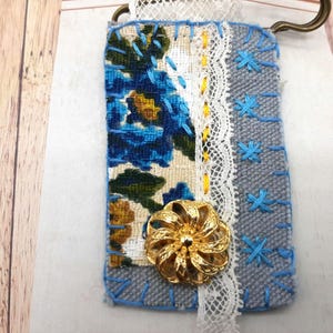 Hand-sewn brooch, blue fabric brooch, pin brooch, patchwork brooch, hand embroidery, fabric pendant