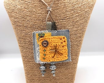 Necklace with yellow textile pendant, charm, hand-sewn, linen, lace and embroidery, textile pendant