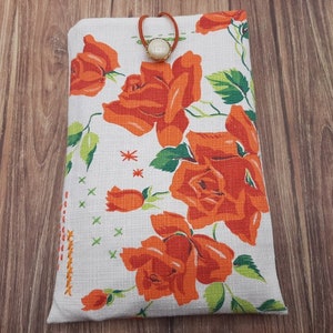 Book pouch in white fabric, vintage orange pink flowers, embroidery, protective book cover in pocket format