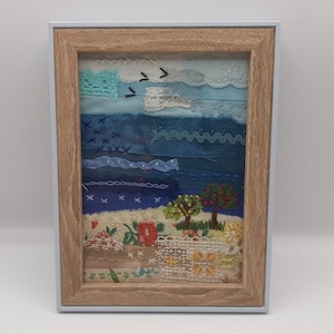 Textilkunst Originalgemälde "Seaside", Stickerei, Gerahmtes Meereslandschafts-Textilbild