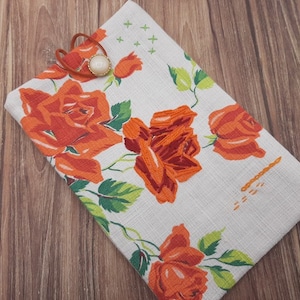 Book pouch in white fabric, vintage orange pink flowers, embroidery, protective book cover in pocket format