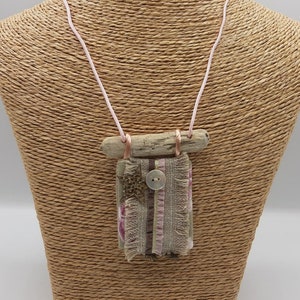 Linen textile necklace and float wood, lace and charm, linen textile pendant