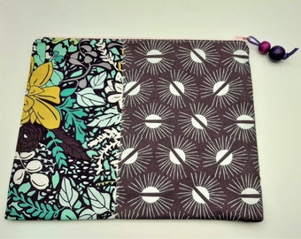 Multi-purpose zippered pouch, geometric patterns and green flowers, purple pouch