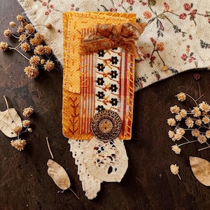 Orange textile brooch, pin brooch, patchwork brooch, hand embroidery, pin brooch