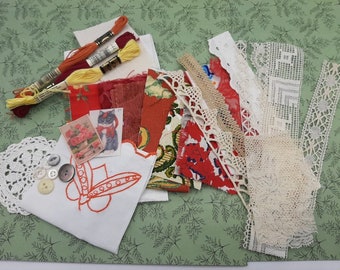 Kit de Slow stitching  , French fabric bundle ,pack rouge tissus  dentelles francaises vintage, pack de mercerie rouge,  Pack embellissement