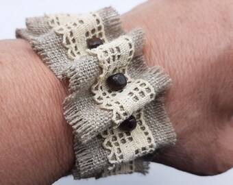 bracelet cuff textile burlap beige burlap lace wooden beads