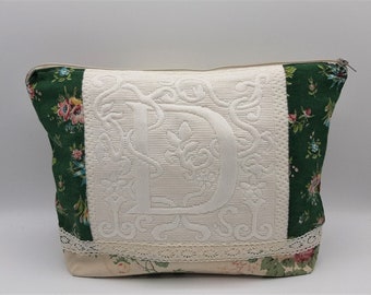 Large retro multi-use clutch, zipped clutch, green and ecrue, vintage floral lace fabric, D monogram