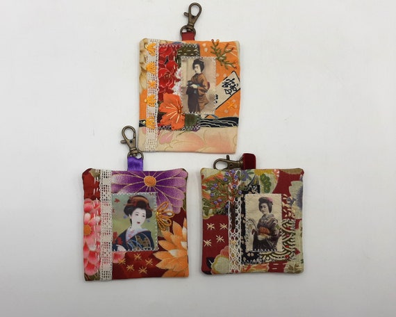 Japanese Fabric Key Ring With Vintage Geisha Image, Embroidery