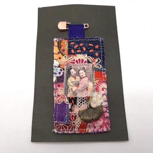 embroidered geisha textile brooch, red Japanese fabric boro brooch, geisha applique, geisha brooch