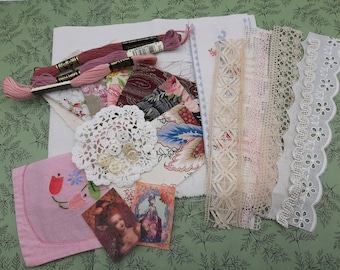 Slow stitching kit "Marie-Antoinette", pink fabric and vintage French lace pack, pink haberdashery pack, Embellishment pack