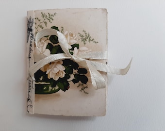 Mini vintage notebook "white roses", handmade, mini floral junk journal