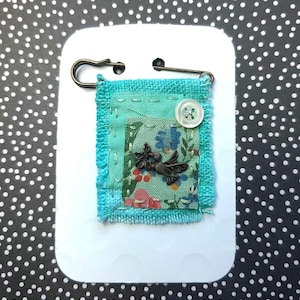 Hand-sewn brooch, fabric brooch, pin brooch, turquoise patchwork brooch, hand embroidery