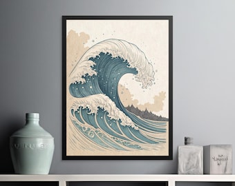 Meereswelle Digitale Kunst, Japanische Welle Poster, Meereslandschaft druckbare Kunst, Minimalistische Wanddekoration, Küsten Wohnkultur, Große Wandkunst, Wellenkunst
