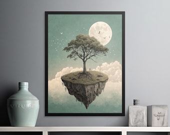 Floating Island Poster, Magical Tree, Moon Art Print, Surreal Digital Art, Dreamy Landscape, Fine Art Photography, Digital Download