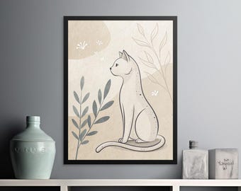 Boho Cat Digital Poster, Minimalist Cat Art Print, Cat Lover Gift, Neutral Wall Art, Modern Home Decor