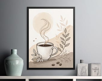 Arte digital de taza de café, póster minimalista, impresión de café, regalo para amantes del café, decoración del hogar, arte de cocina, arte mural beige cálido, póster de café