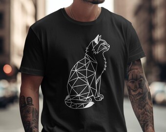 May include: A black t-shirt with a white geometric design of a cat sitting on the front.