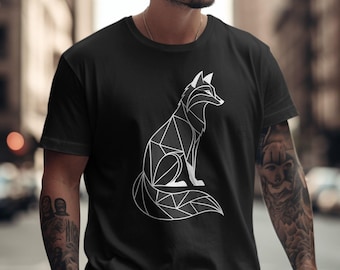 May include: A black t-shirt with a white geometric fox design. The fox is sitting with its tail curled around its body.
