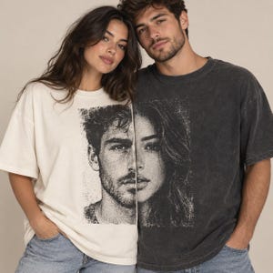 Personalized Split Face Couple Shirts, Custom Photo Matching Tees, Vintage Anniversary Gift