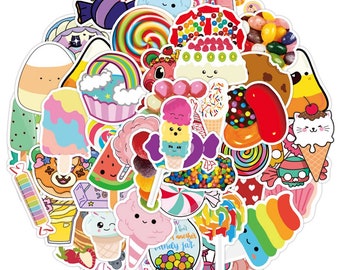 May include: A collection of colorful stickers featuring various sweet treats, including lollipops, ice cream cones, candy, cupcakes, and watermelon. The stickers are perfect for decorating laptops, water bottles, notebooks, and other personal items.