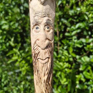 May include: A hand-carved wooden sculpture depicting a face with a long beard and detailed features. The wood is light-toned, with a natural, rustic finish. The background is a blurred view of green foliage, suggesting an outdoor setting.