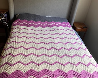 Handmade Crochet Wool Blanket 67x58 Chevron Pink Cream Throw Afghan