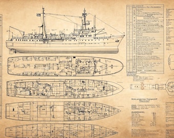 Vintage Ship Blueprint Komet 1969 German Research Vessel Plan