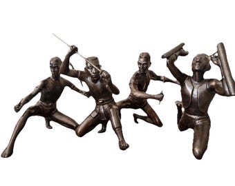 Set of 4 Vintage Bronze Warrior Sculptures African Tribal Fighters Art Statues