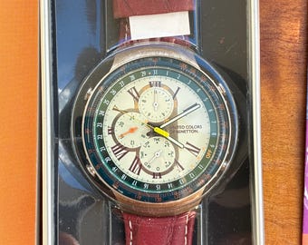 United Colors of Benetton Chronograph Alarm Watch NOS with Box Leather Strap .Vintage