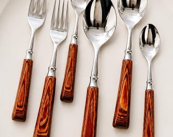 Vintage CAPDECO France 18/10 Flatware Set Faux Wood Handles New 6pc
