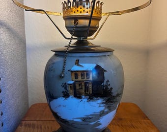 Vintage Frosted Glass Hurricane Lamp Cottage Scene Electric Table Lamp