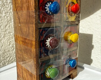 Vintage Indian 6 Drawer Wooden Jewelry Chest Ceramic Knobs Sealed NOS