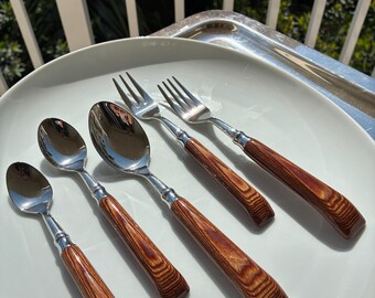 Vintage CAPDECO France 18/10 Flatware Set Faux Wood Handles NOS 5pc