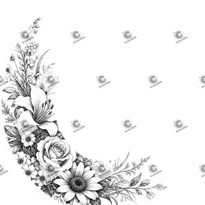 May include: A black and white line art illustration of a crescent moon shape formed by a cluster of flowers including a large rose, a sunflower, and a lily, accompanied by various smaller blossoms, leaves, and stems on a white background.