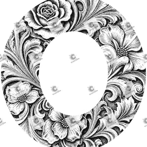 May include: A circular black and white graphic design featuring intricate floral patterns and swirling acanthus leaves. The artwork displays detailed roses and blossoms with textured shading, surrounding a large, empty white circular center.