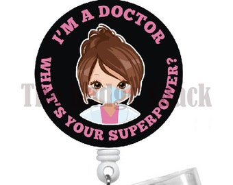 Superpower Doctor Female (Brown Hair) Badge Reel - Doctor ID Badge Holder - Female Badge Reel - MD Badge Holder - DR Badge Clip - Gift