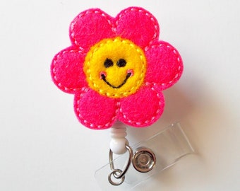 Happy Flower - Retractable ID Badge Reel - MD Badge Holder - Cute Badge Reel - Nurse Badge Holder - Nursing Badge Clip - Teacher Badge