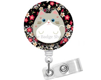 Cute Badge Reel Nurse Badge Kawaii Feltie Gray Cat Badge Reel ID Tag Holder Fat Cat Grey Kitty Swivel Clip Retractable Belt Clip