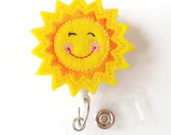 Smiling Sunshine - Retractable ID Badge Reel - Teacher Badge Holder - Cute Badge Reel - Nurse Badge Holder - Nursing Badge Clip - Felt Badge
