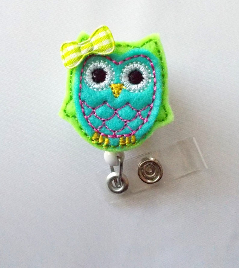 Blue and Green Owl With Bow Retractable ID Felt Badge Holder Etsy