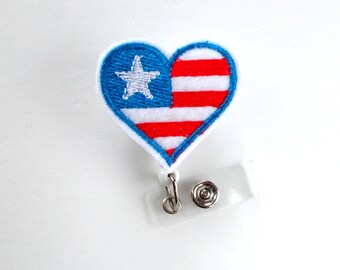 American Flag Heart - RN Badge Holder - Nurses Badge Holder - Nursing Badge Holder - Medical Badge Reel - Hospital Badge Reel - 4th of July