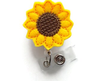 Sunflower  - Retractable ID Felt Badge Holder - Name Badge Holder - Cute Badge Reel - Nursing Badge - Felt Badge Reel