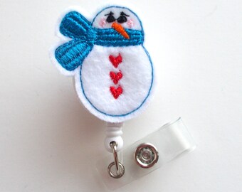Snowman with blue scarf - Retractable ID Felt Badge Holder - Holiday Badge Reel - Nurses Badge Holder - Nurse Badge - Teacher Badge