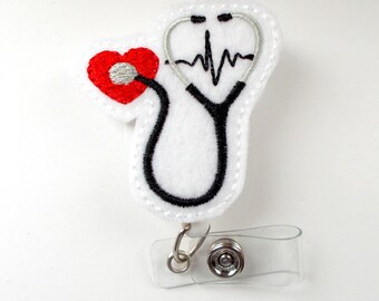 Stethoscope EKG Red - Retractable Badge Reel - Cardiac Badge Holder - Nurse Badge Holder - Nursing Badge Clip - Felt Badge - CCU Badge