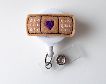Bandage Purple Heart - Retractable ID Badge Reel - MD Badge Holder - Cute Badge Reel - Nurse Badge Holder - Nursing Badge Clip - Felt Badge