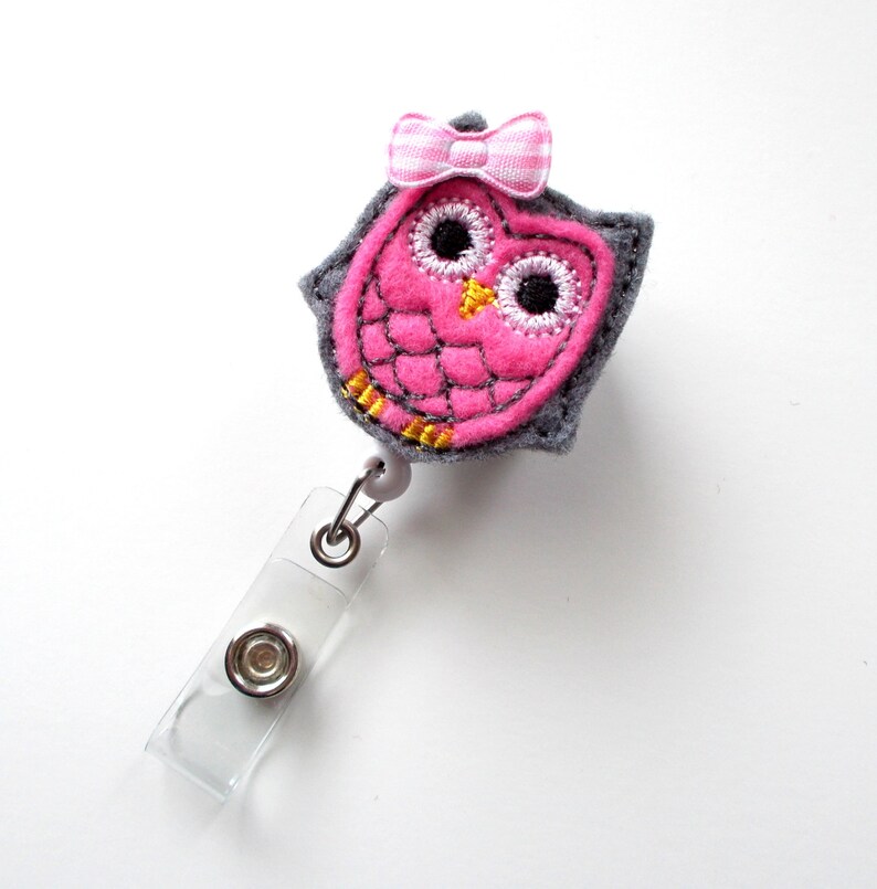 Pink and Gray Owl With Bow Cute Badge Holder Nurses Badge Etsy