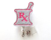 RX Mortar and Pestle Pink and Gray - RX Badge Holder - Pharmacy Badge Clip - Pharmacist Badge Reel - Pharmacist Gift - Pharmacy Assistant ID